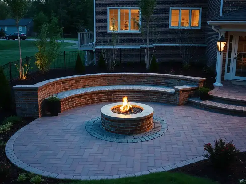 Custom residential brick patio with seating wall